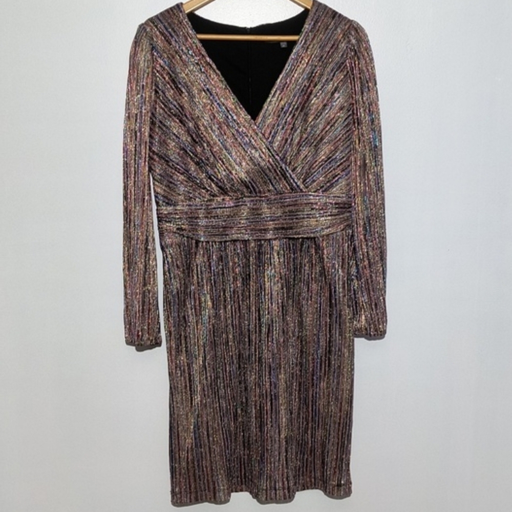 🔥 Julia Jordan Shimmering Multicolor V-Neckline Long Sleeve Retro Dress Size 10